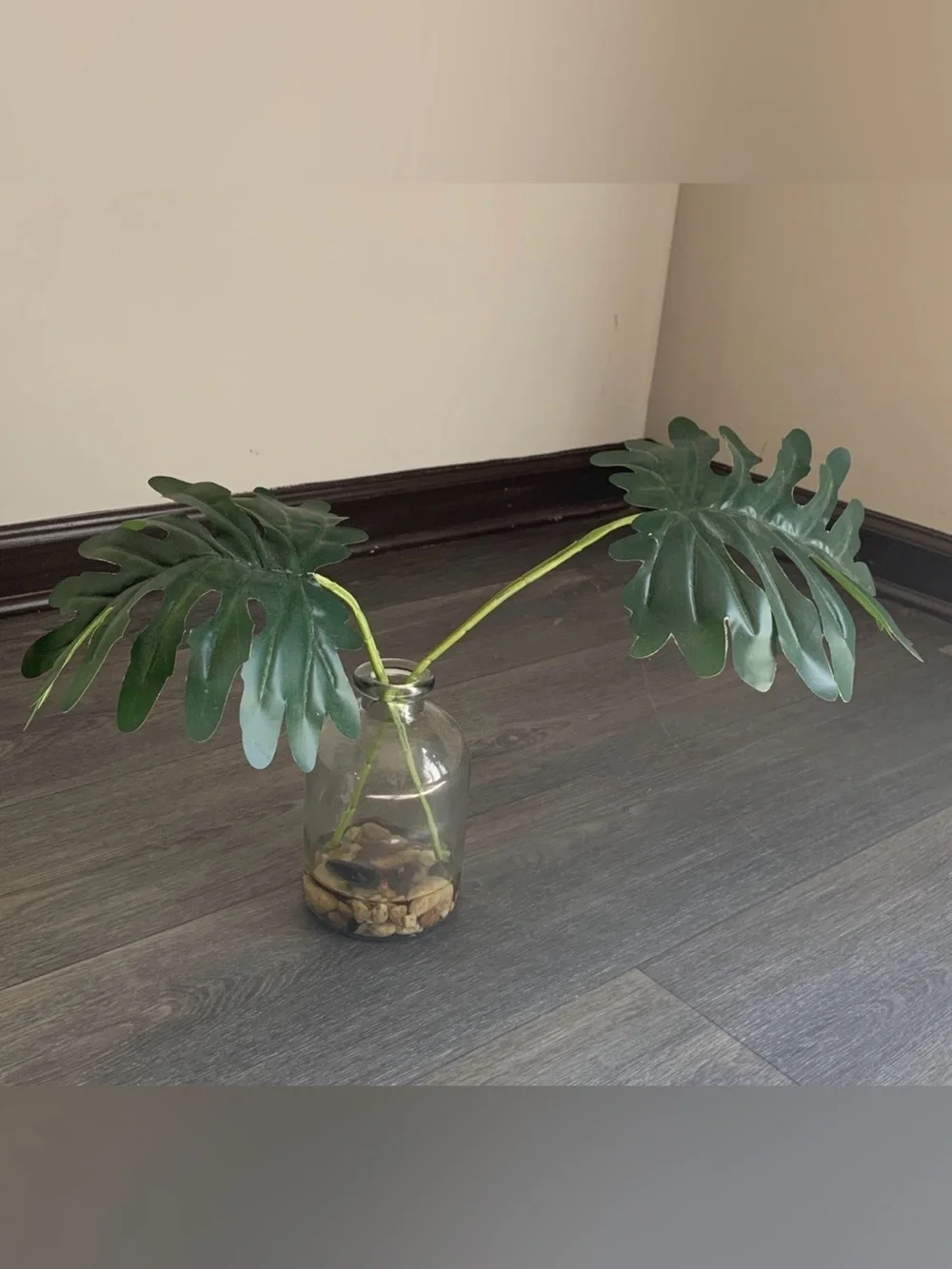 Glass Vase with Green Faux Monstera Leaves - Home Accents